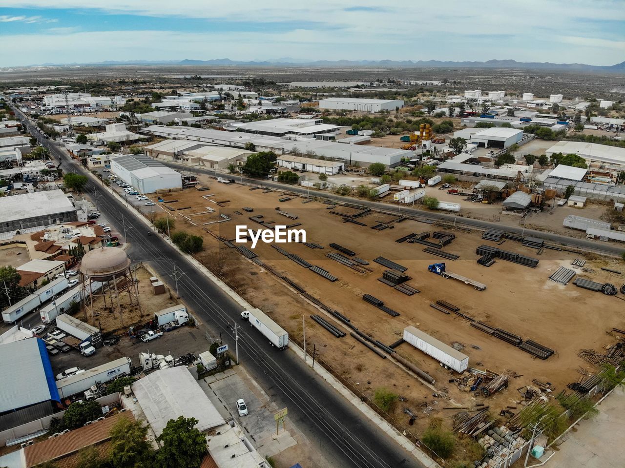 Aerial view of street and buildings in city