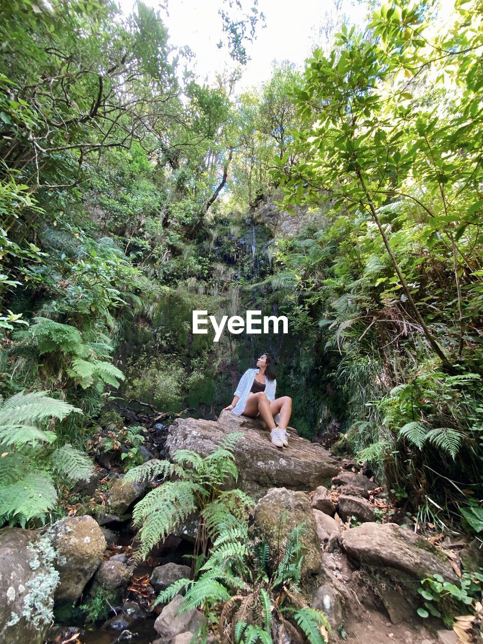 Young woman on rock in forest