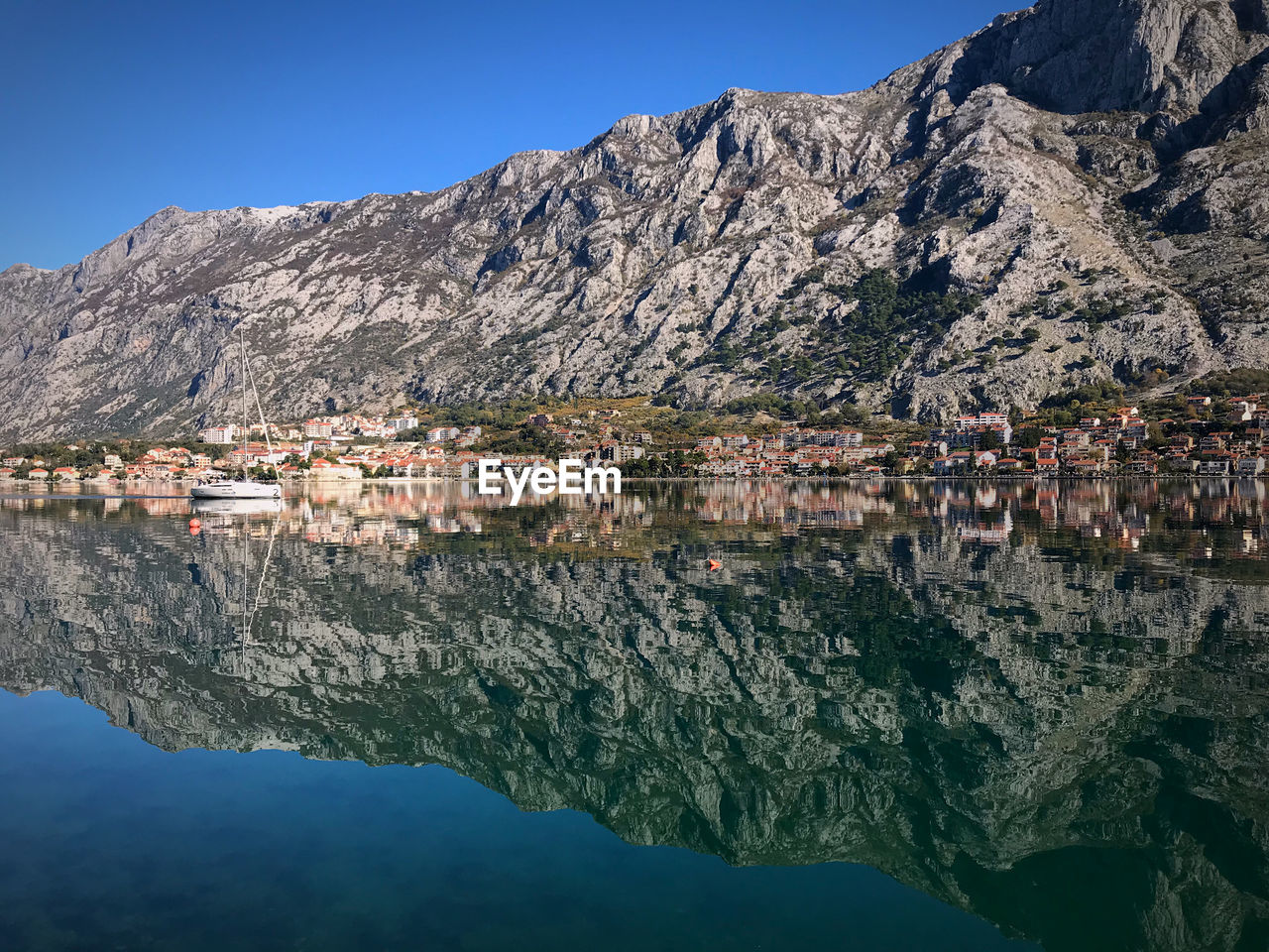 Scenic view of lake and mountains against clear sky