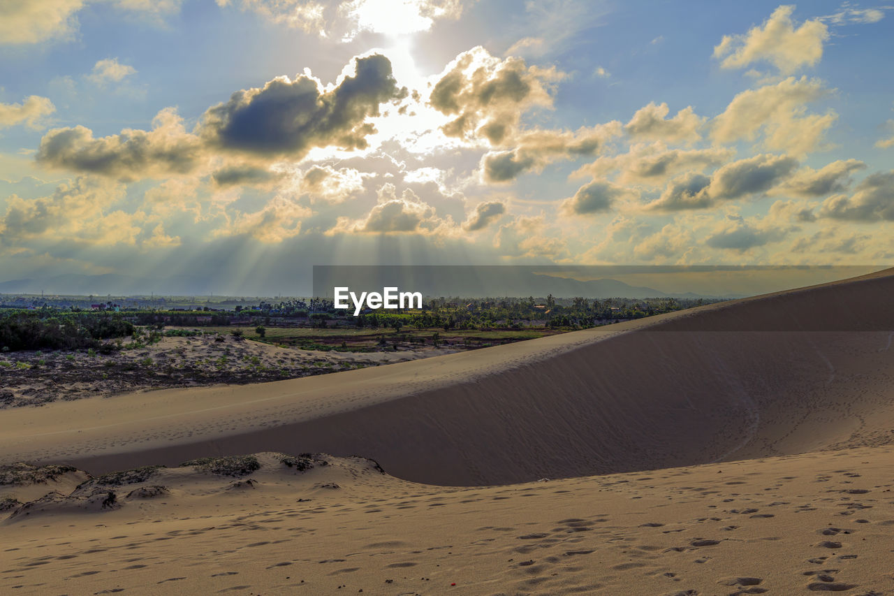 SCENIC VIEW OF BEACH AGAINST SKY DURING SUNRISE