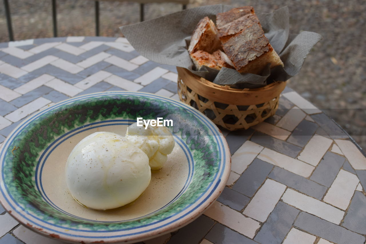 High angle view of food in plate on table