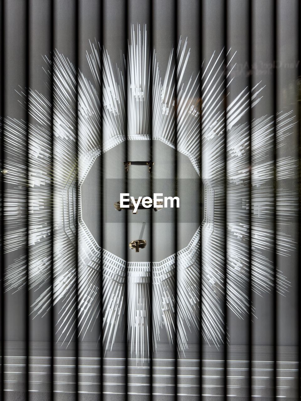 line, black and white, pattern, metal, no people, indoors, light, close-up, circle, monochrome photography, interior design, full frame, backgrounds, monochrome, architecture, security, built structure