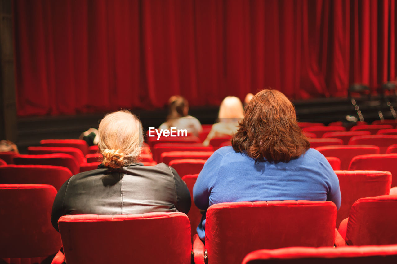 Rear view of friends sitting in stage theater