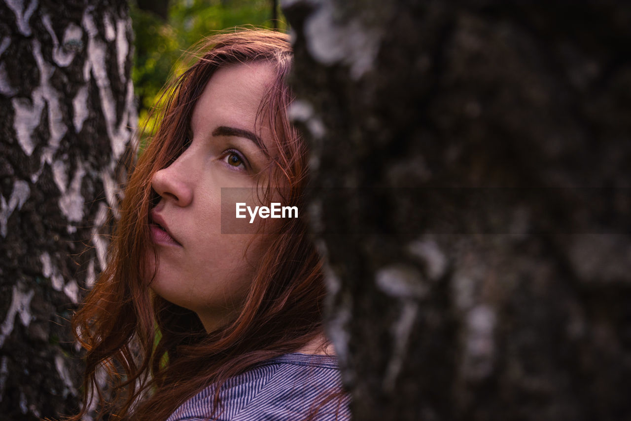 tree trunk, trunk, portrait, tree, one person, women, female, headshot, adult, young adult, hairstyle, nature, long hair, plant, portrait photography, forest, redhead, spring, human face, person, looking, fashion, leisure activity, land, outdoors, human hair, photo shoot, lifestyles, serious, selective focus, emotion, autumn, close-up, contemplation, looking at camera, day, beauty in nature, brown hair