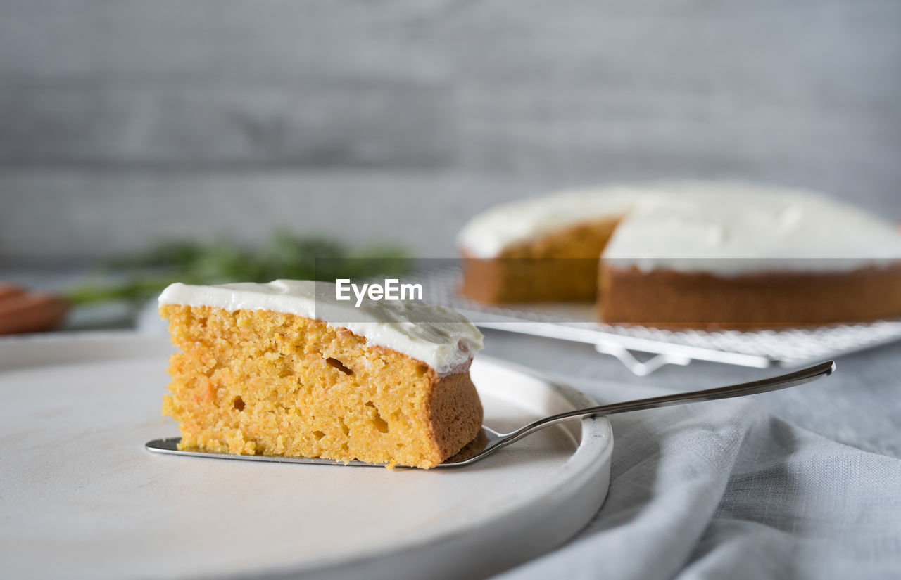 Close-up of cake in plate on table