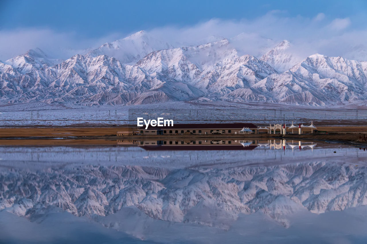 Scenic view of snowcapped mountains and lake against sky