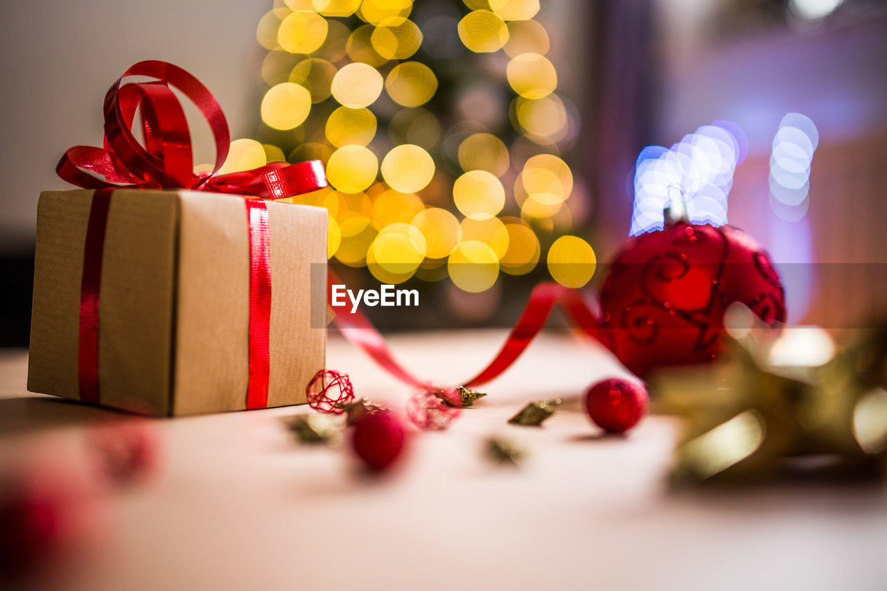 Close-up of christmas decorations on table