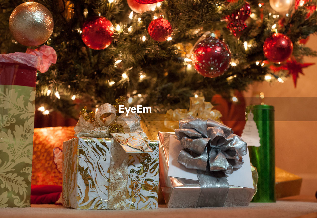 Gift boxes by christmas decoration