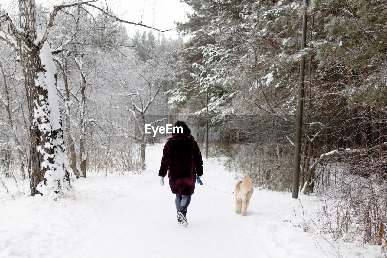 Young woman is walking with her south russian shepherd dog on a background of winter forest.