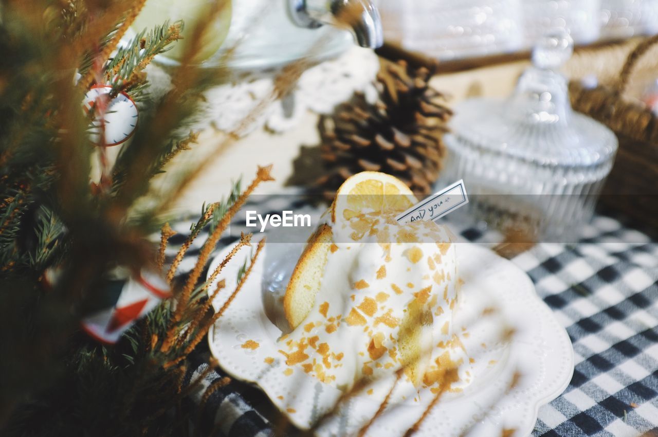 High angle view of dessert in plate on table