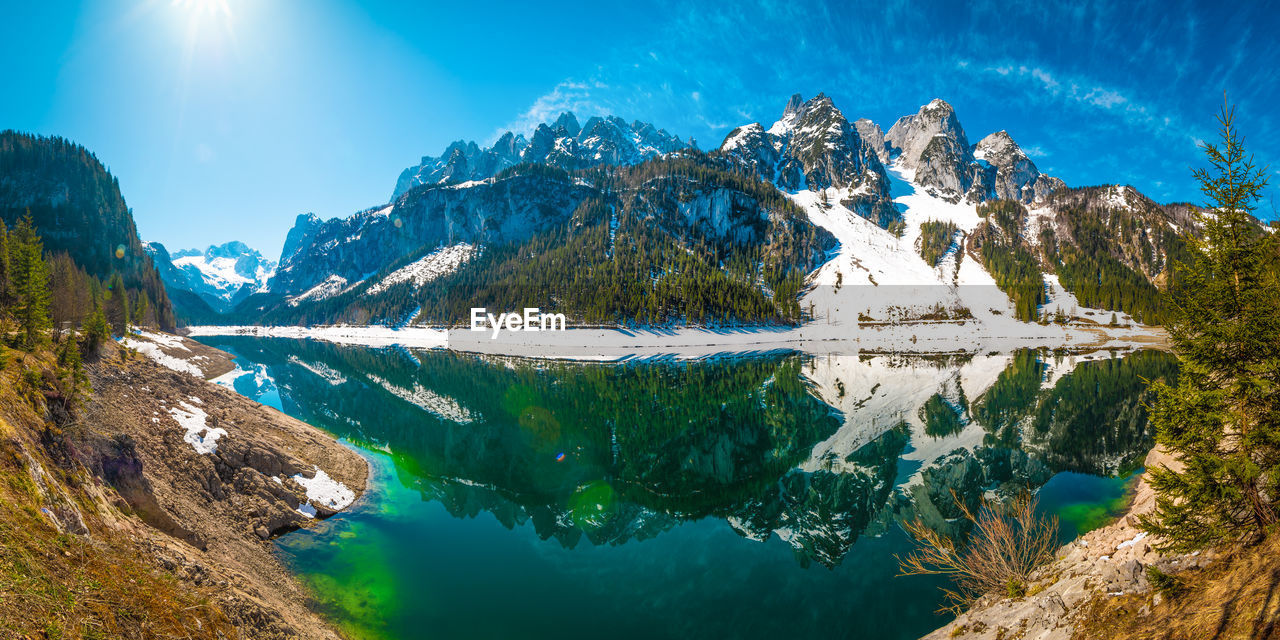 Panoramic view of lake and snowcapped mountains against sky