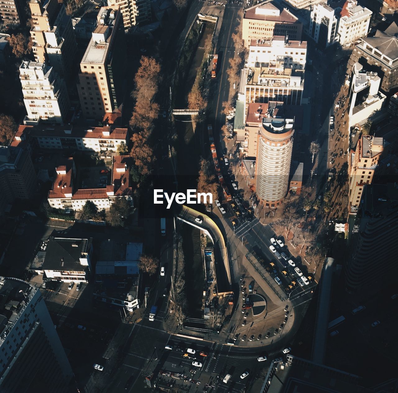 High angle view of street amidst buildings in city