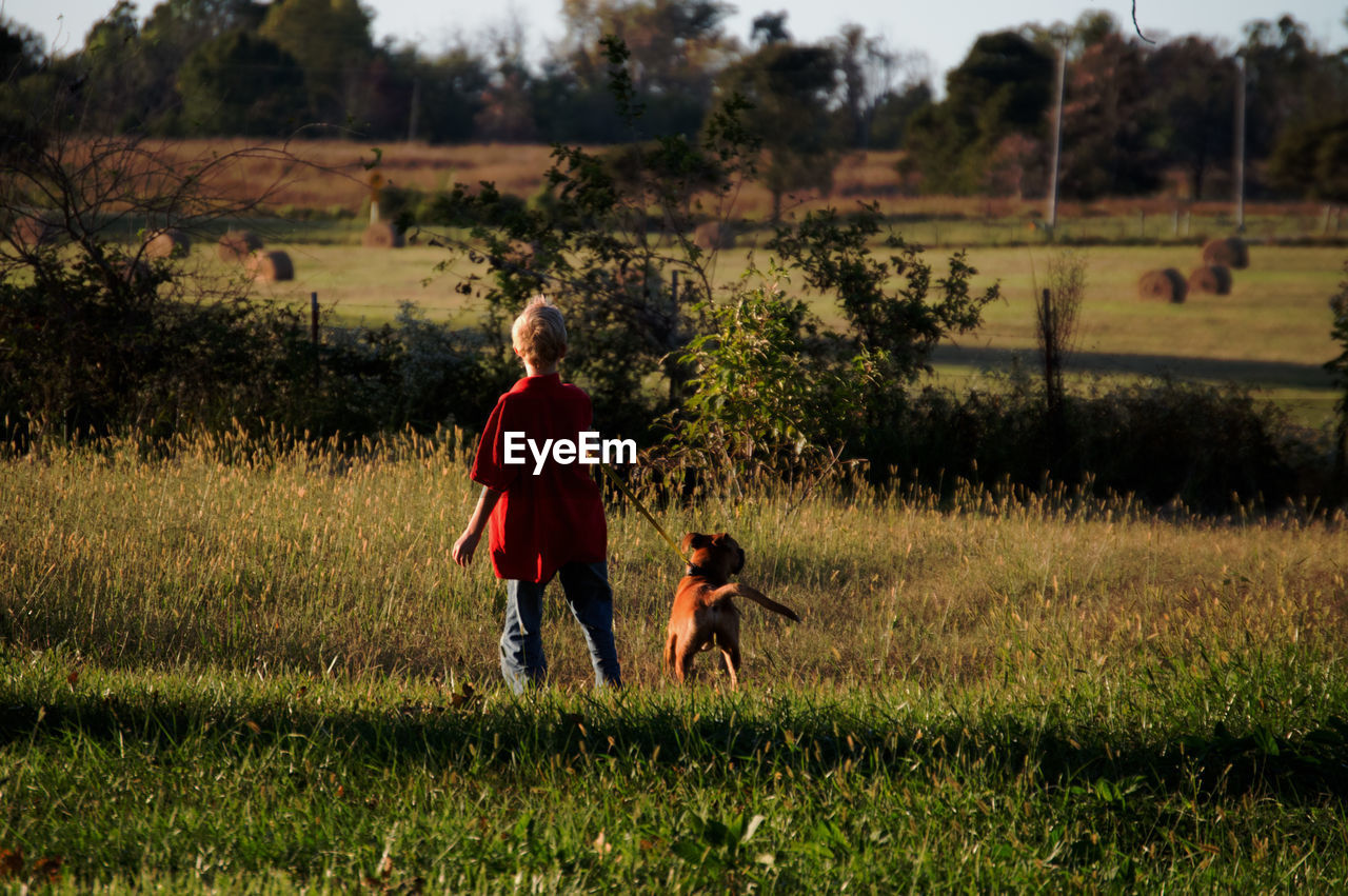 Rear view of woman with dog standing on grassy field
