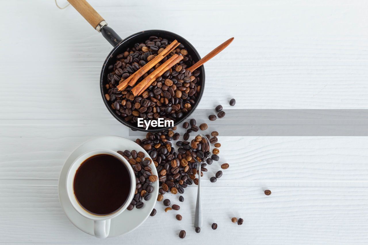 HIGH ANGLE VIEW OF BREAKFAST ON TABLE AGAINST WHITE WALL