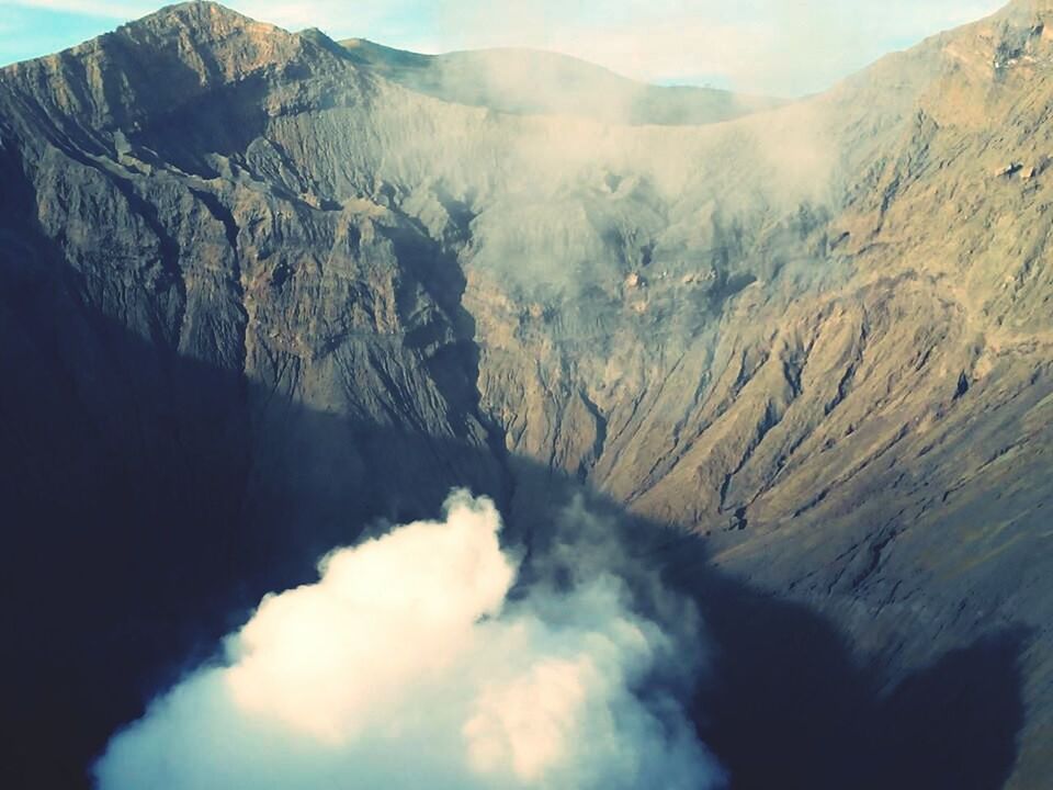 High angle view of volcanic crater of mountains