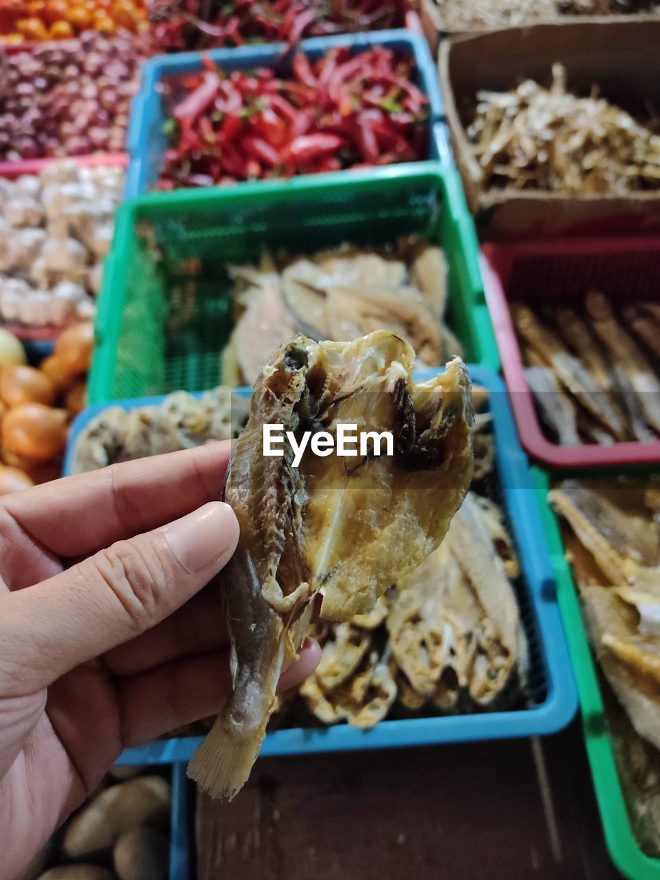 Close-up of hand holding salted fish