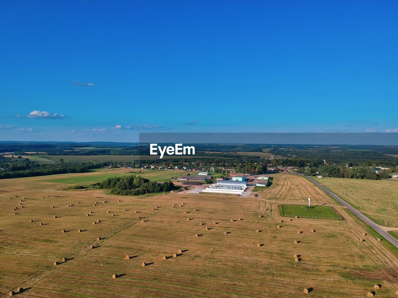 Scenic view of agricultural field against blue sky