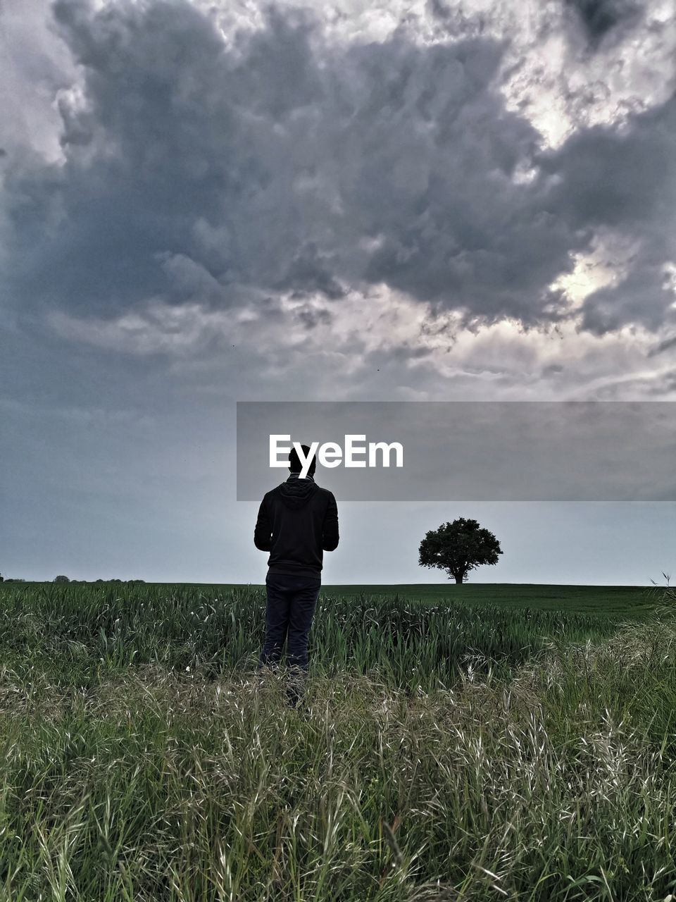 REAR VIEW OF MAN STANDING IN FIELD