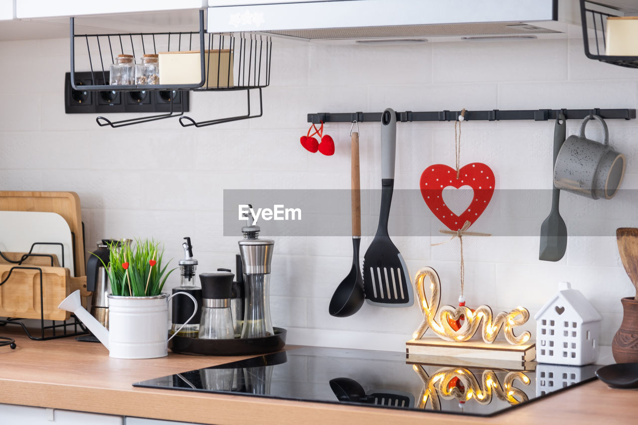 close-up of kitchen utensils on table