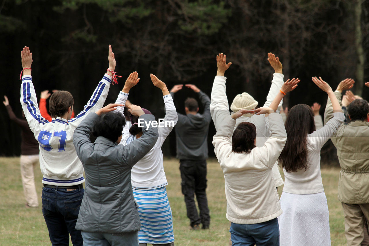 Rear view of people with arms raised standing in park