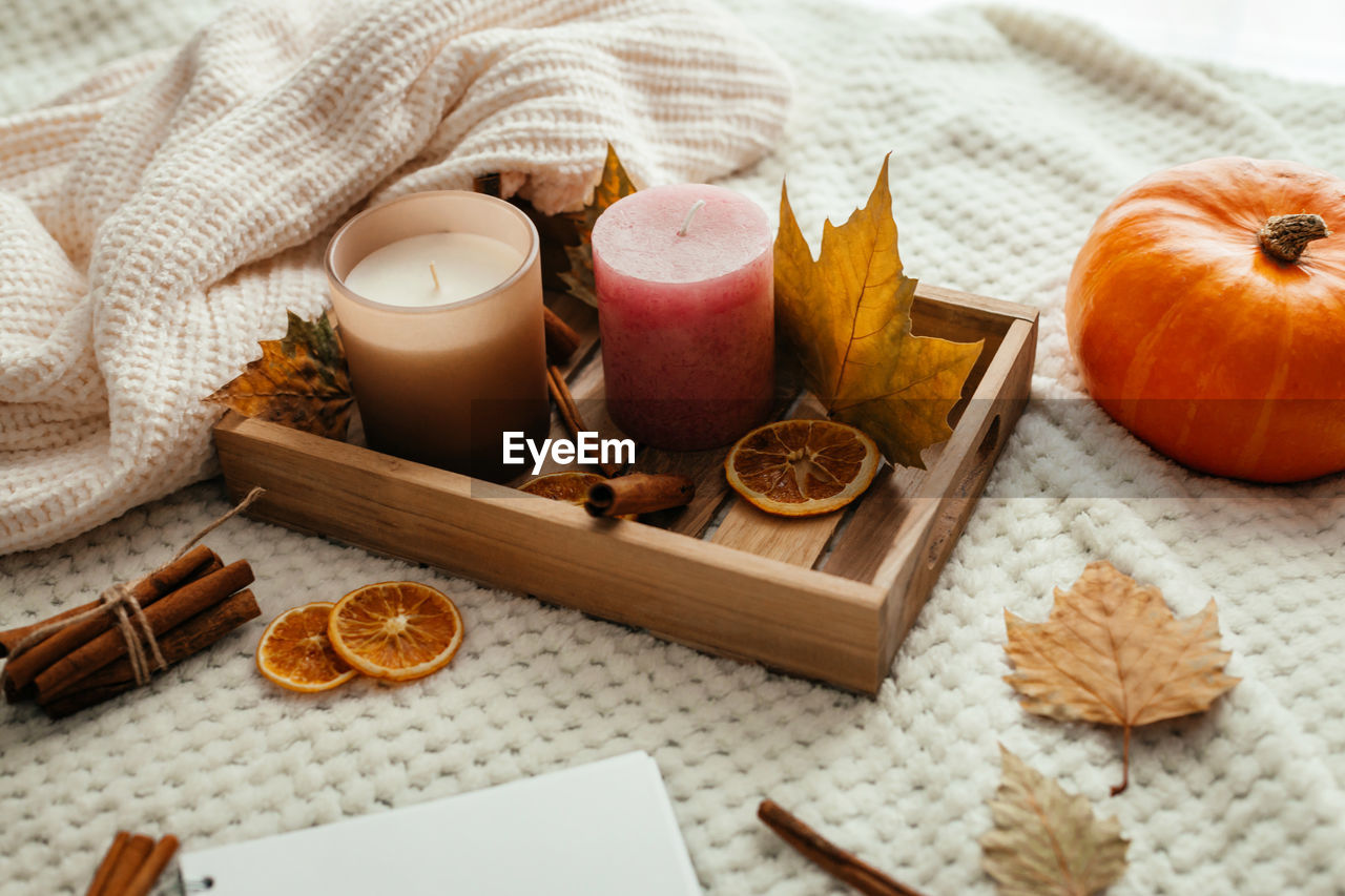 Cozy autumn atmospheric composition. sveti, a pumpkin, hot tea and an open notepad