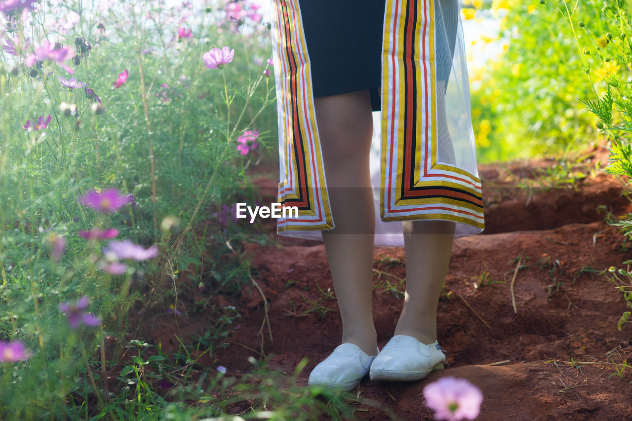 LOW SECTION OF WOMAN STANDING ON FLOWERING PLANT