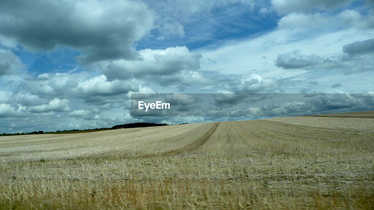 Scenic view of grassy field against cloudy sky