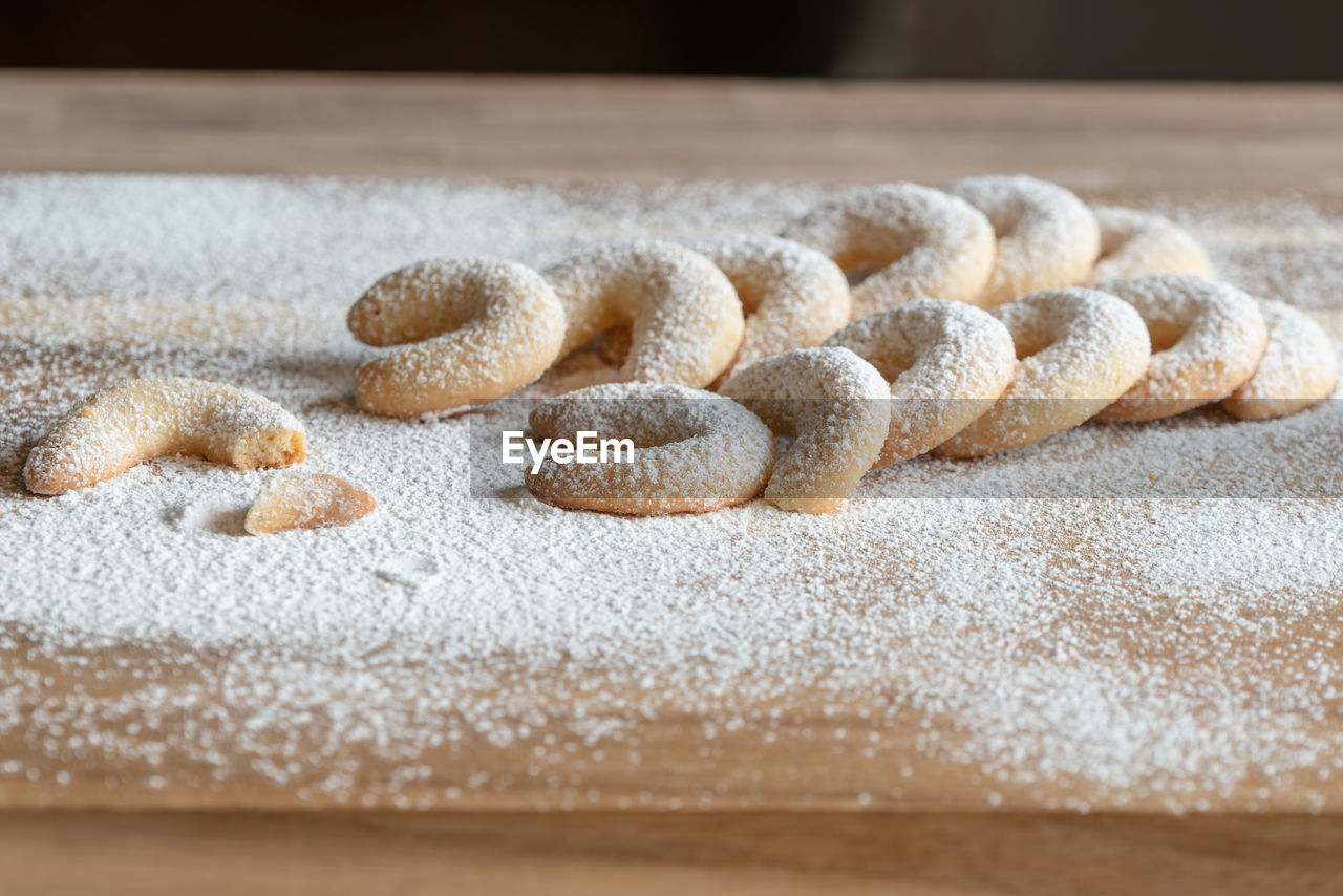 High angle view of baked food on table