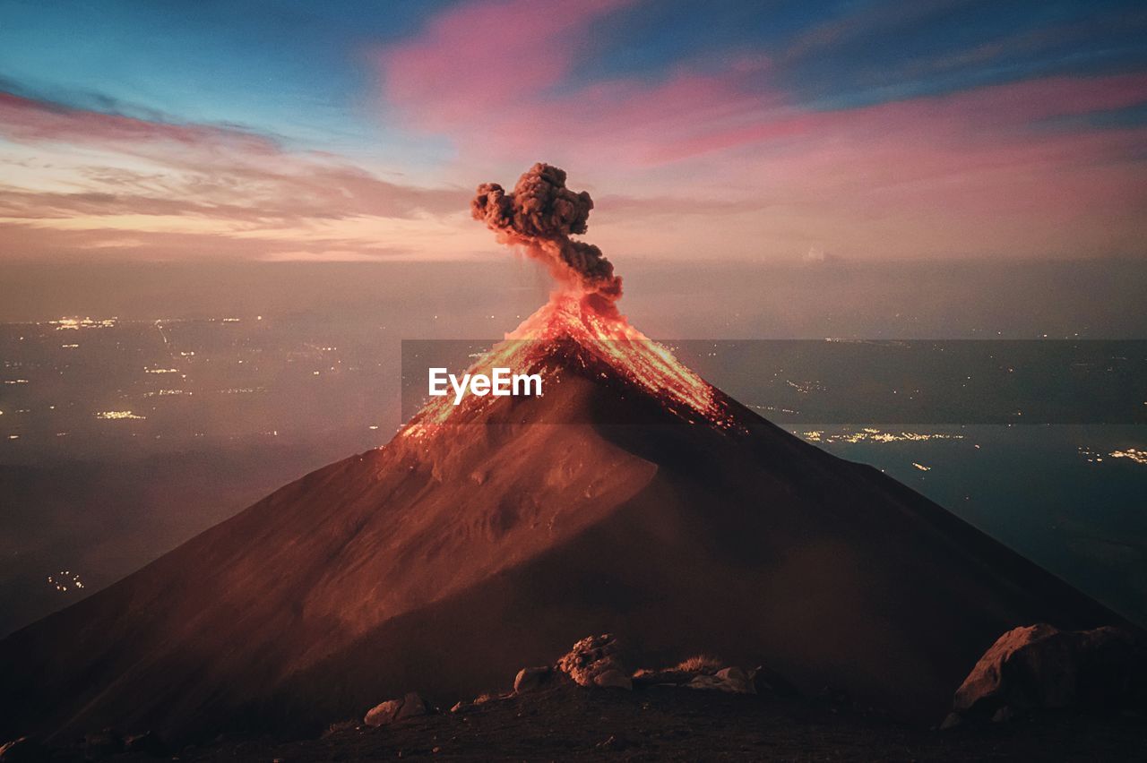 Volcanic landscape against sky during sunset in guatemala