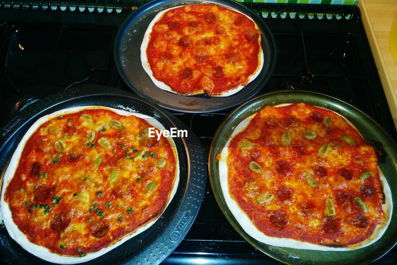 High angle view of homemade pizza