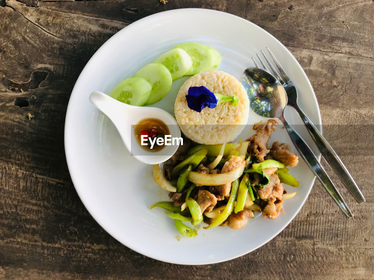 HIGH ANGLE VIEW OF FOOD SERVED IN PLATE