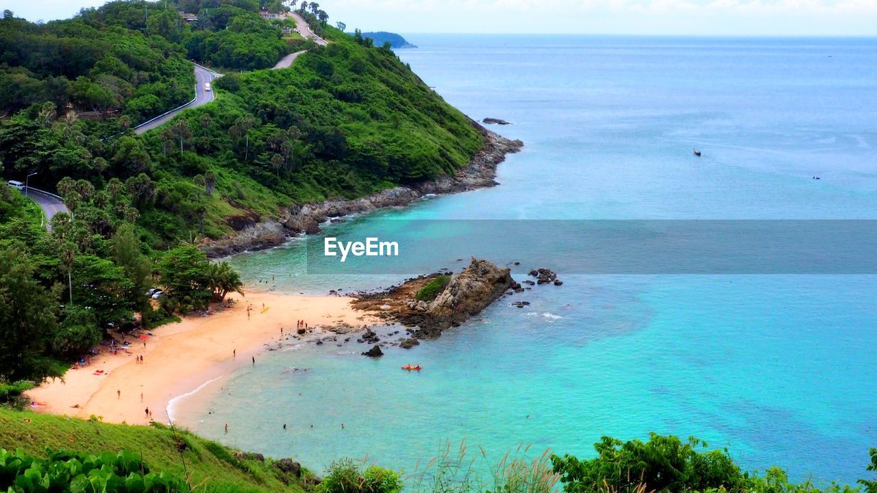 High angle view of bay against clear sky