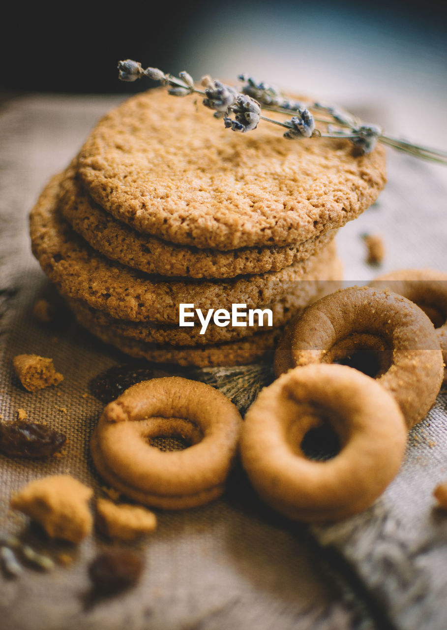 Close-up of homemade cookies on sack