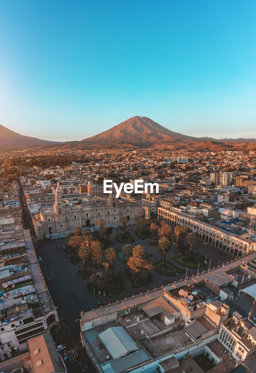 Aerial view arequipa main square and historical centre with el misti volcano in the background. 