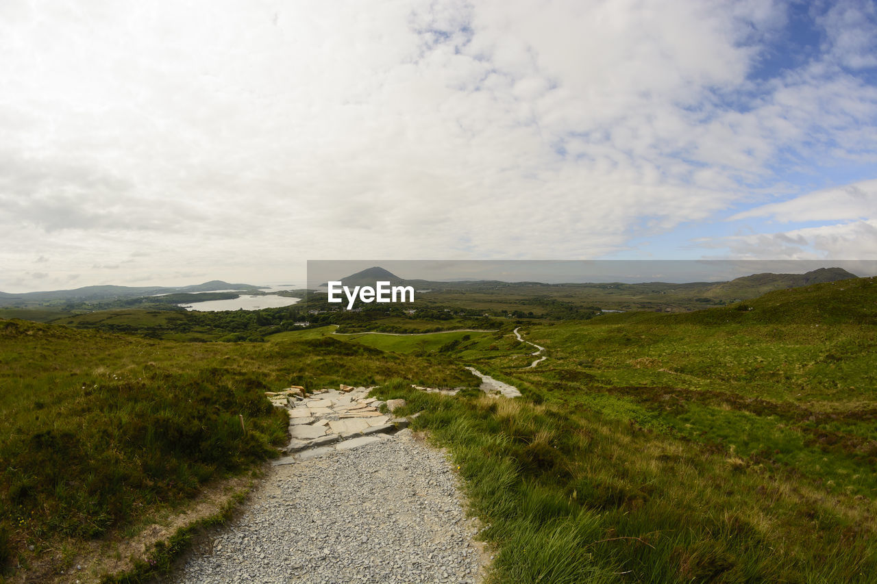 Scenic view of landscape against cloudy sky at connemara national park