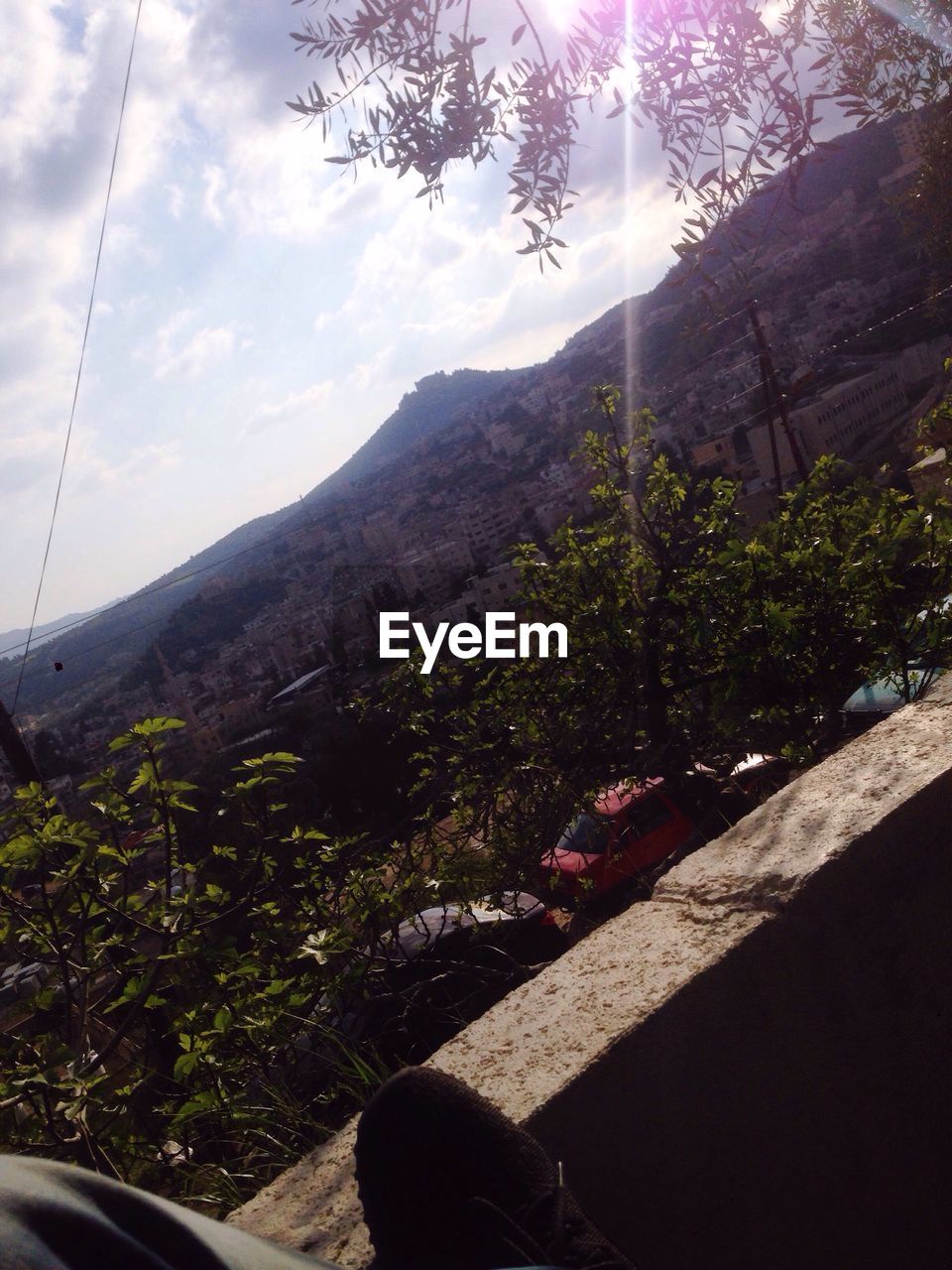 LOW SECTION OF MAN AGAINST TREES AND MOUNTAIN