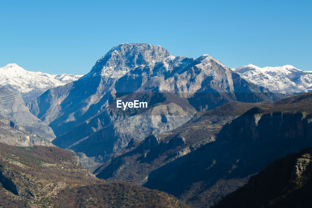 Scenic view of mountains against clear blue sky