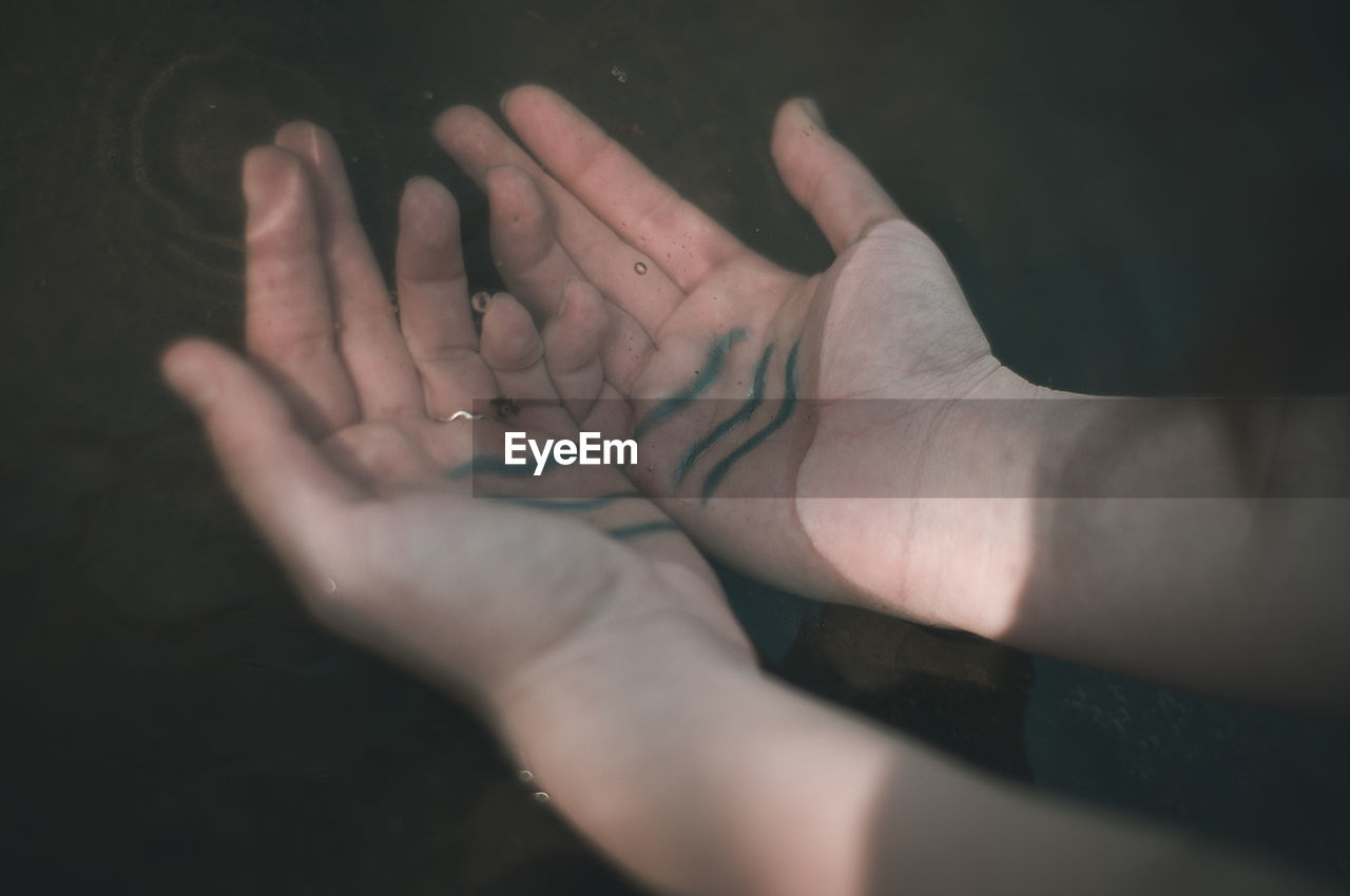 High angle view of hands in water