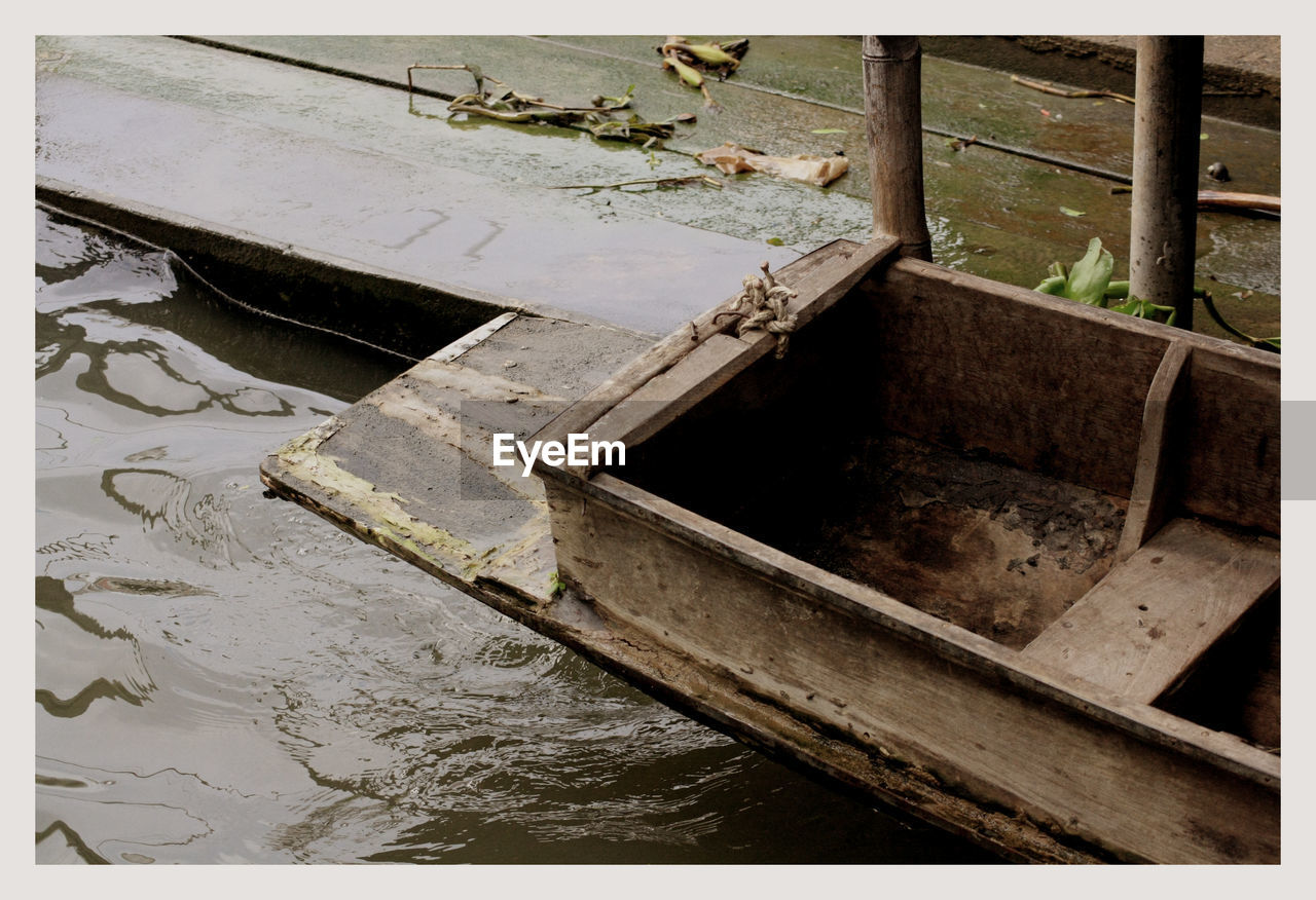 High angle view of wooden boat in river