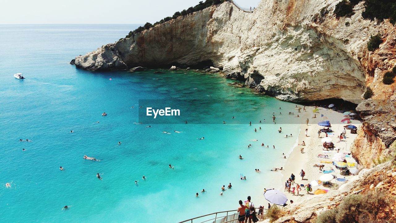 High angle view of people enjoying at porto katsiki beach