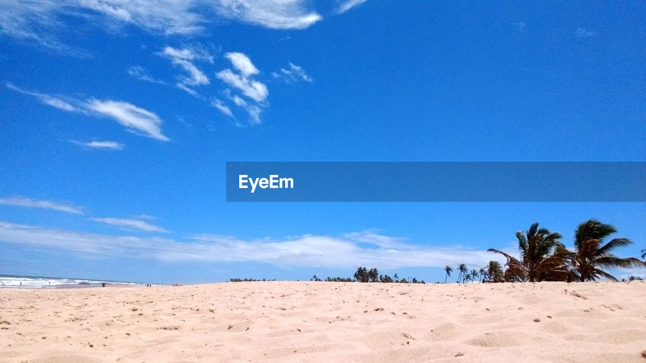 Scenic view of beach against blue sky