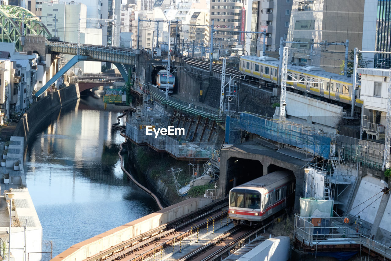 High angle view of train against built structures