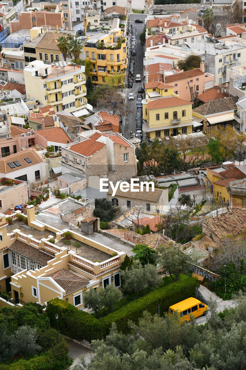 High angle view of buildings in town