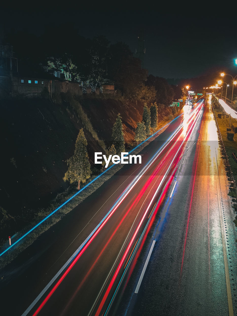 Light trails on road at night