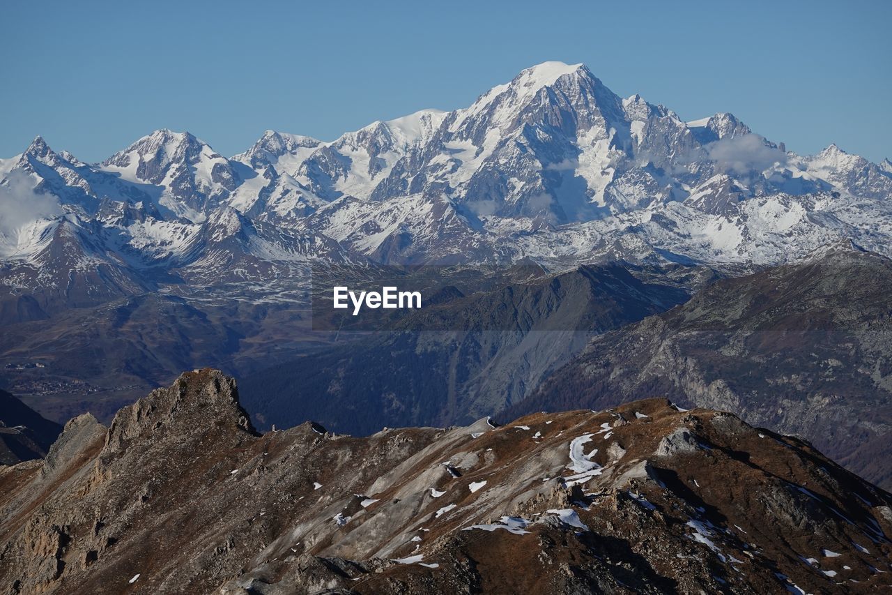 SNOWCAPPED MOUNTAIN RANGE AGAINST CLEAR SKY