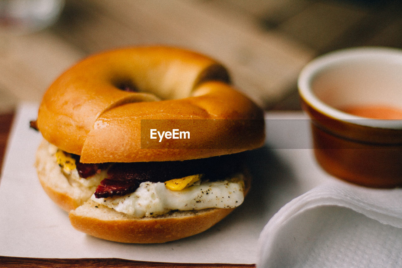 Close-up of breakfast bagel