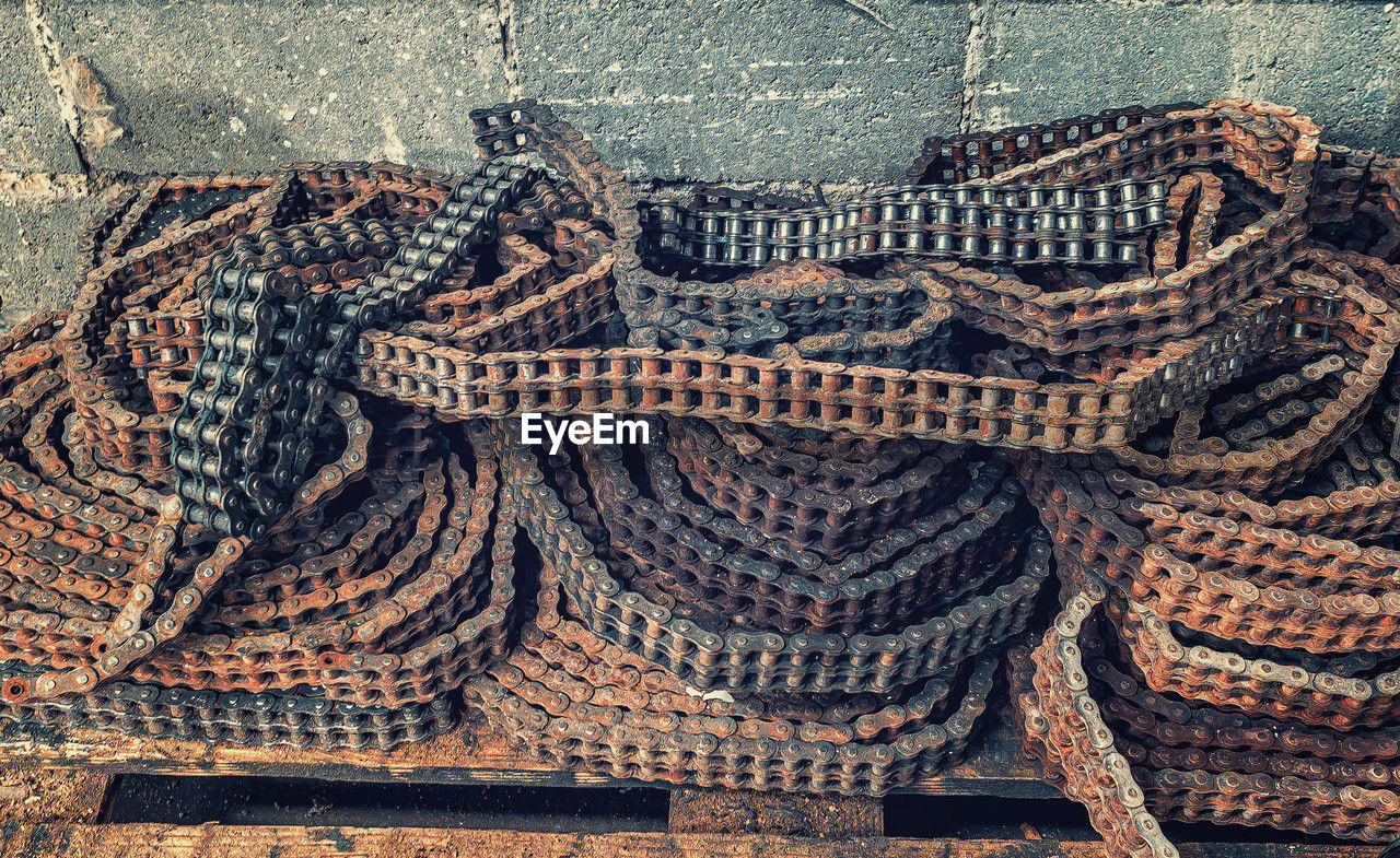 Roller chains background texture. rusty old metal chains, chain transmission mechanism.