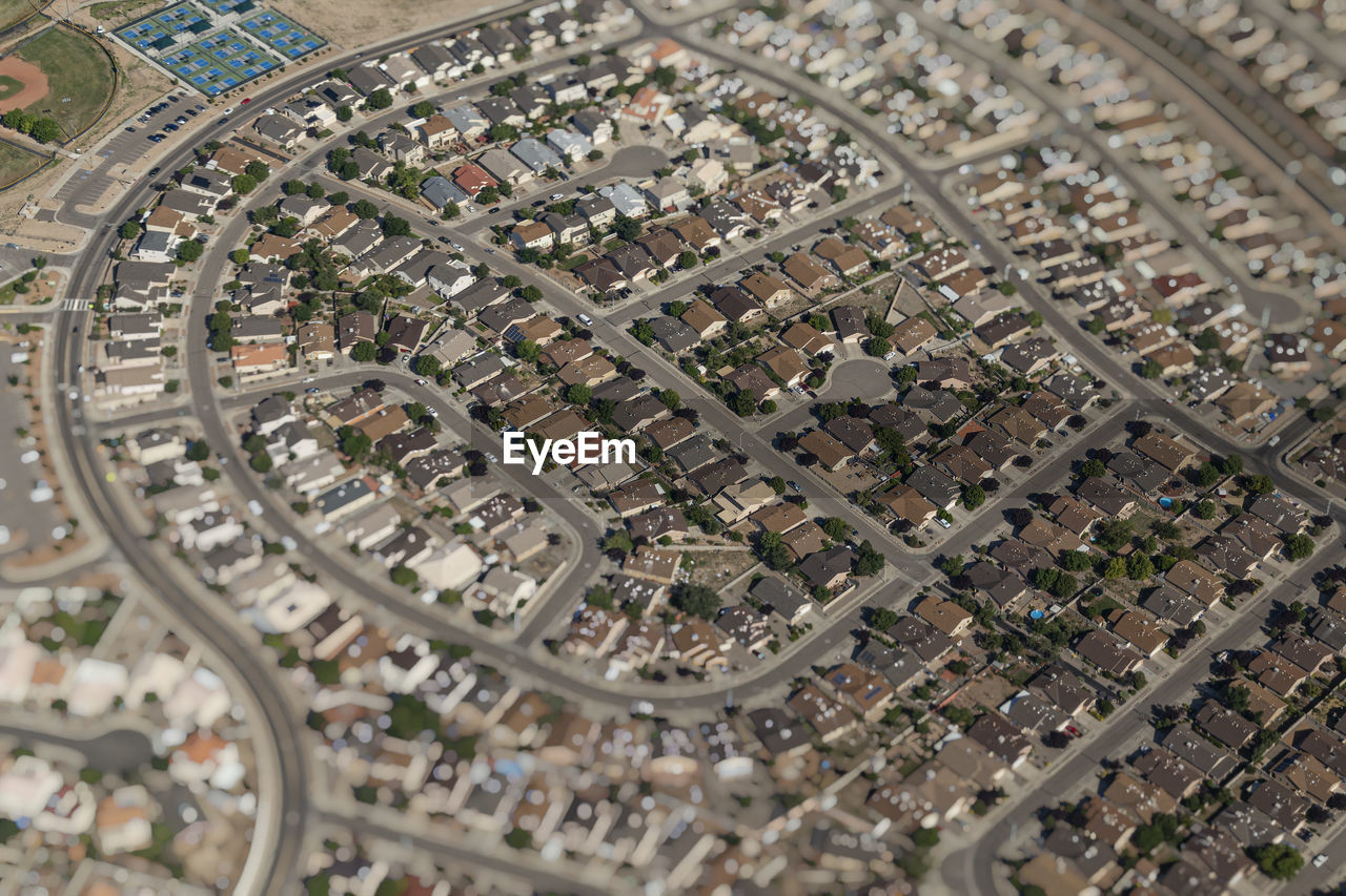 High angle view of city street and buildings