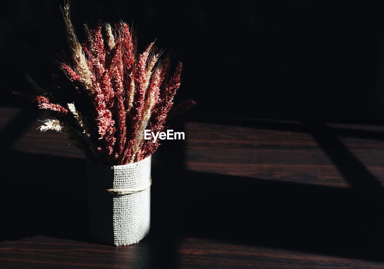 Decorative flower pot placed on a wooden table and shaded