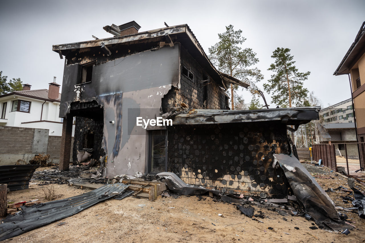 Houses that burned down after being hit by rockets, mines. irpin, bucha, gostomel.